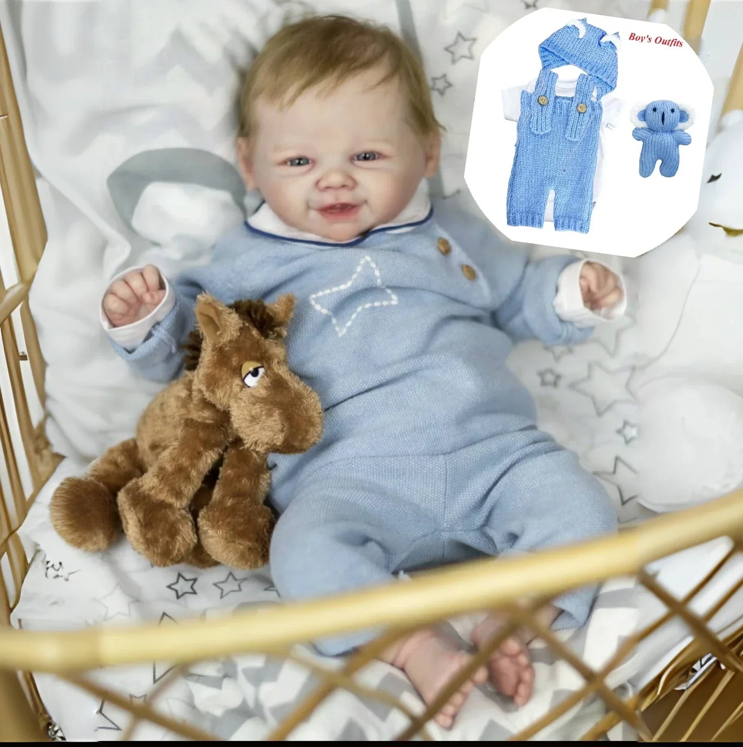 Uśmiechnięta lalki reborn z blond włosami